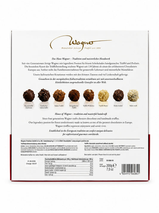 Rückseite Trüffelpralines Harmonie 200g von Wagner Pralinen