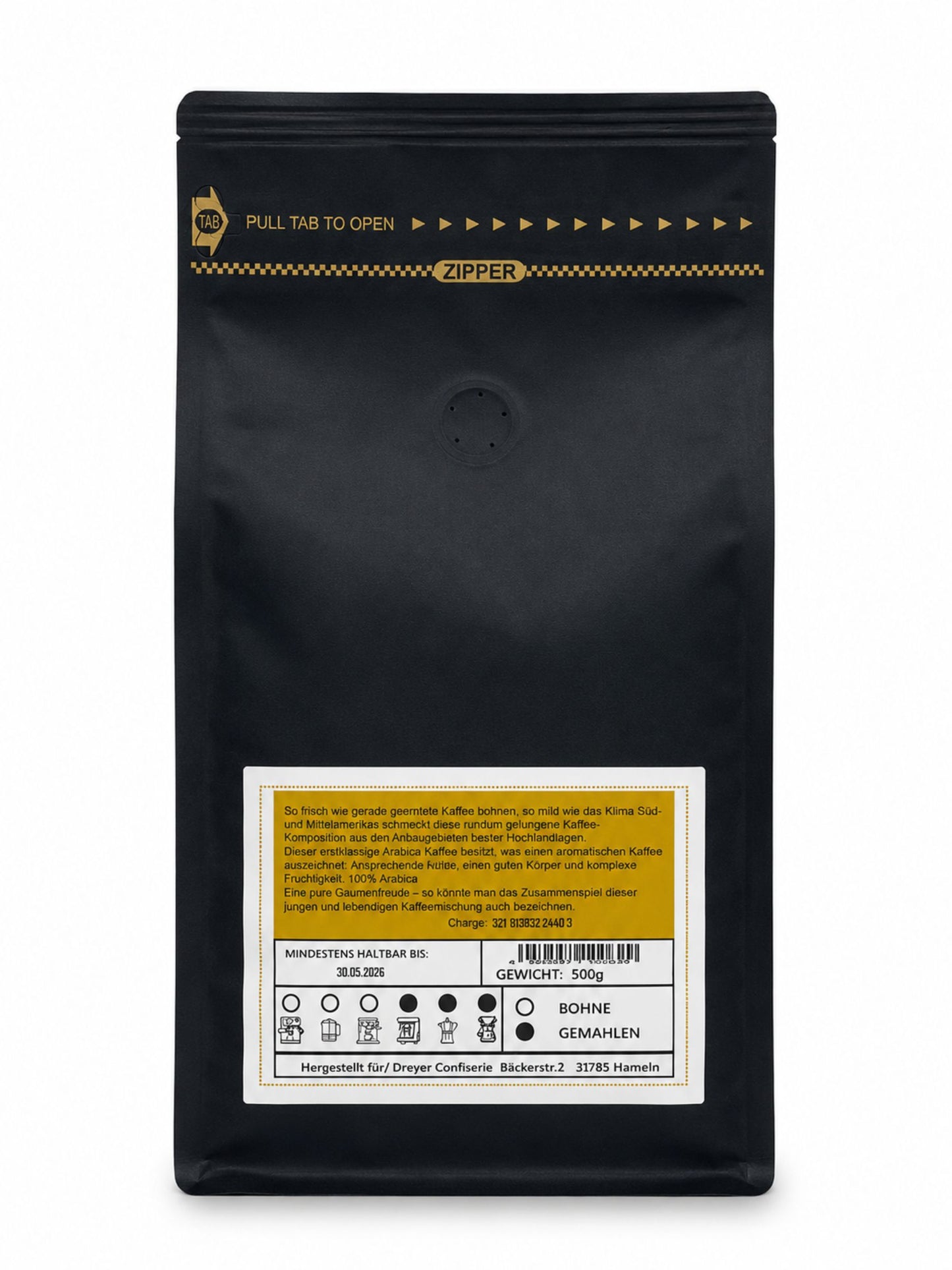 Rückseite von Kaffee Würzig gemahlen 500g der Dreyer Confiserie