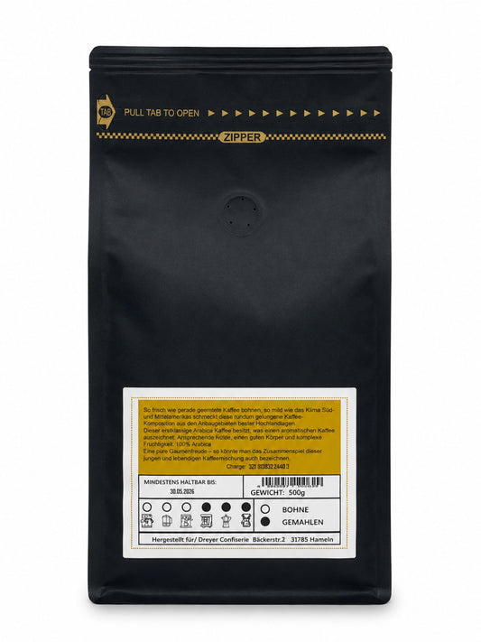 Rückseite von Kaffee Würzig gemahlen 500g der Dreyer Confiserie