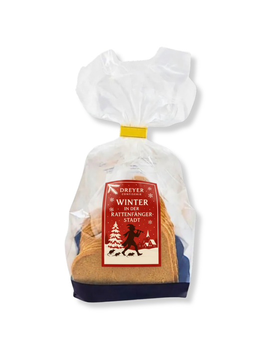 Gewürz-Herzen 200g: winterliche Gebäckherzen aus Gewürzmürbeteig in Geschenkverpackung „Winter in der Rattenfängerstadt Hameln“ erhältlich in der Dreyer Confiserie-
