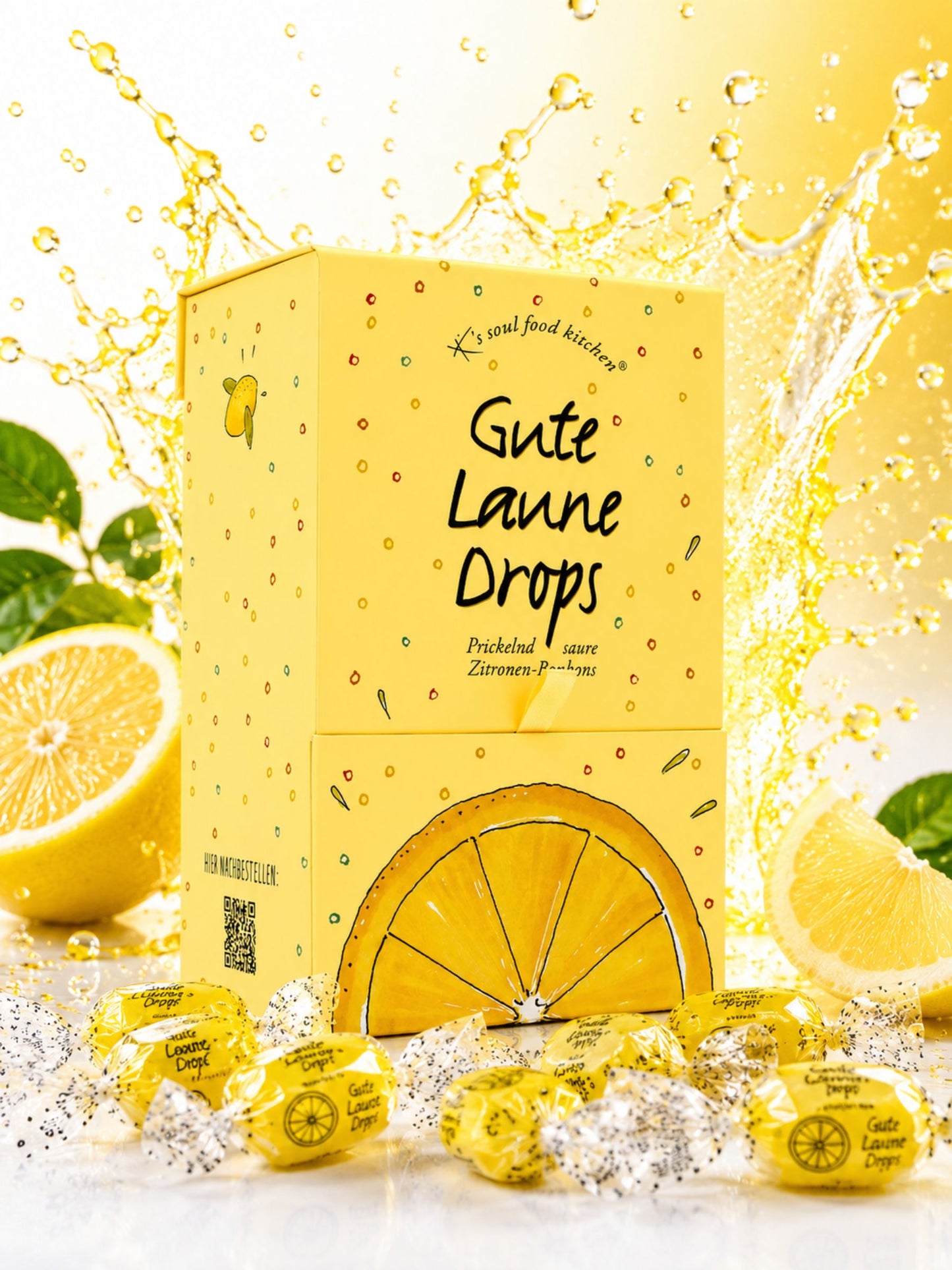 Gute Laune Drops Dispenser 1kg von K's Soul Food Kitchen vor buntem Hintergrund mit Zitronen