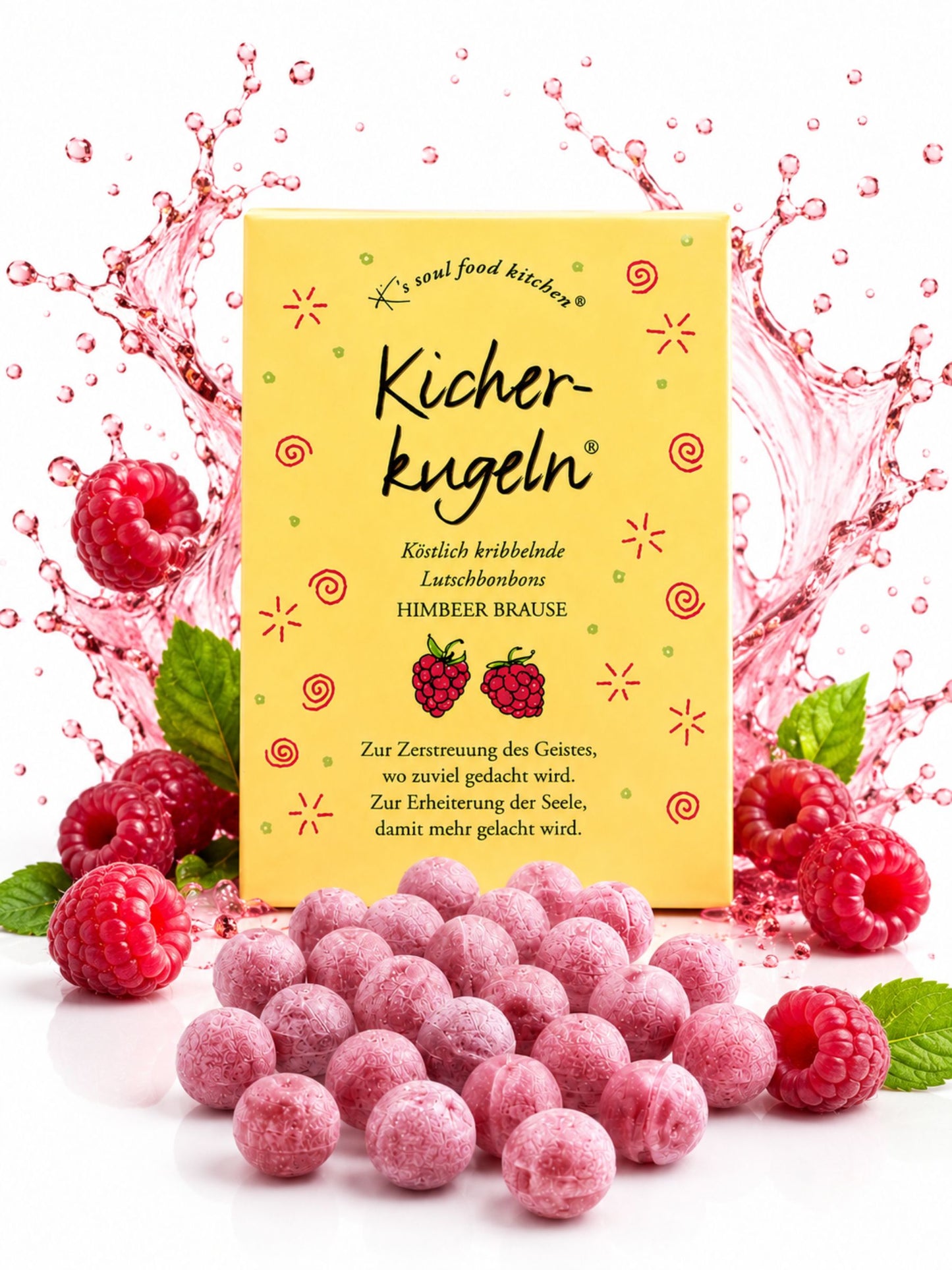Kicherkugeln Bonbons Himbeer Brause 75g on K's Soul Food Kitchen vor buntem Hintergrund mit Himbeeren