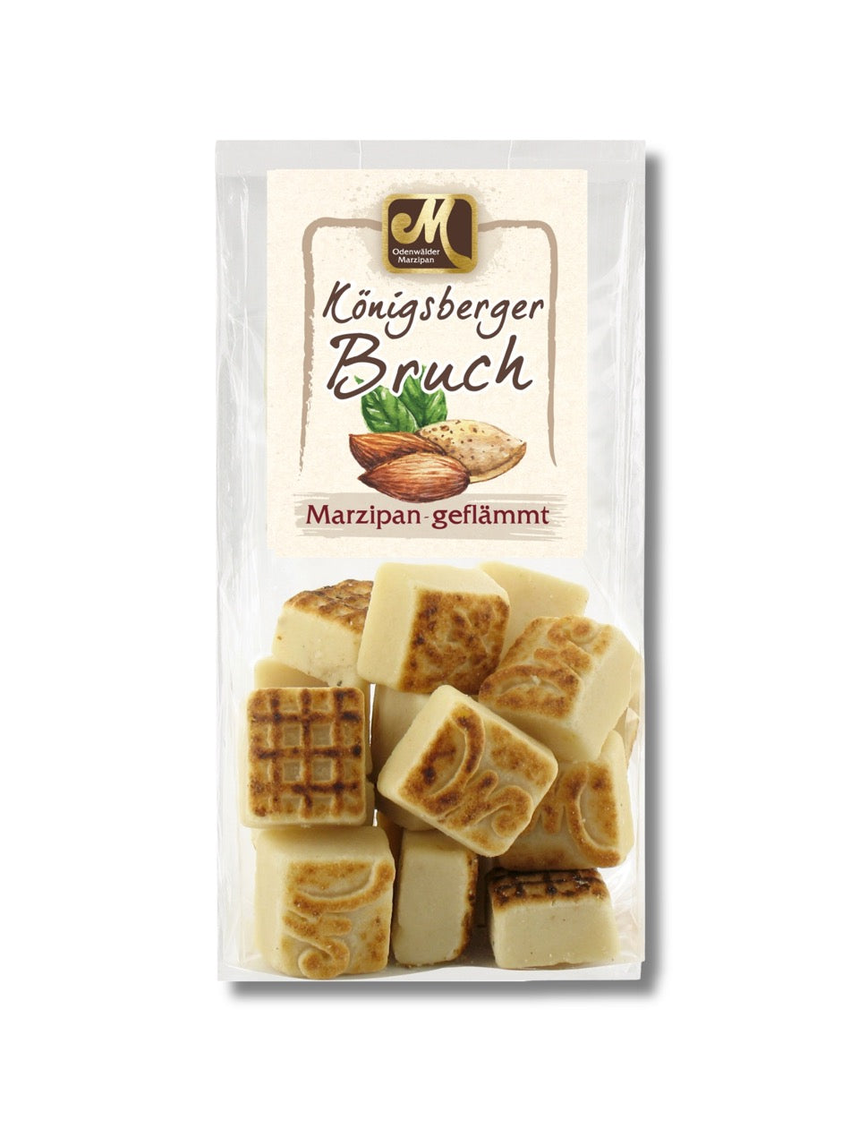 Geflämmter Königsberger Marzipanbruch, 250 g, handgefertigt mit Röstaroma, vegan – von der Odenwälder Marzipan Konditorei, erhältlich in der Dreyer Confiserie in Hameln und online.