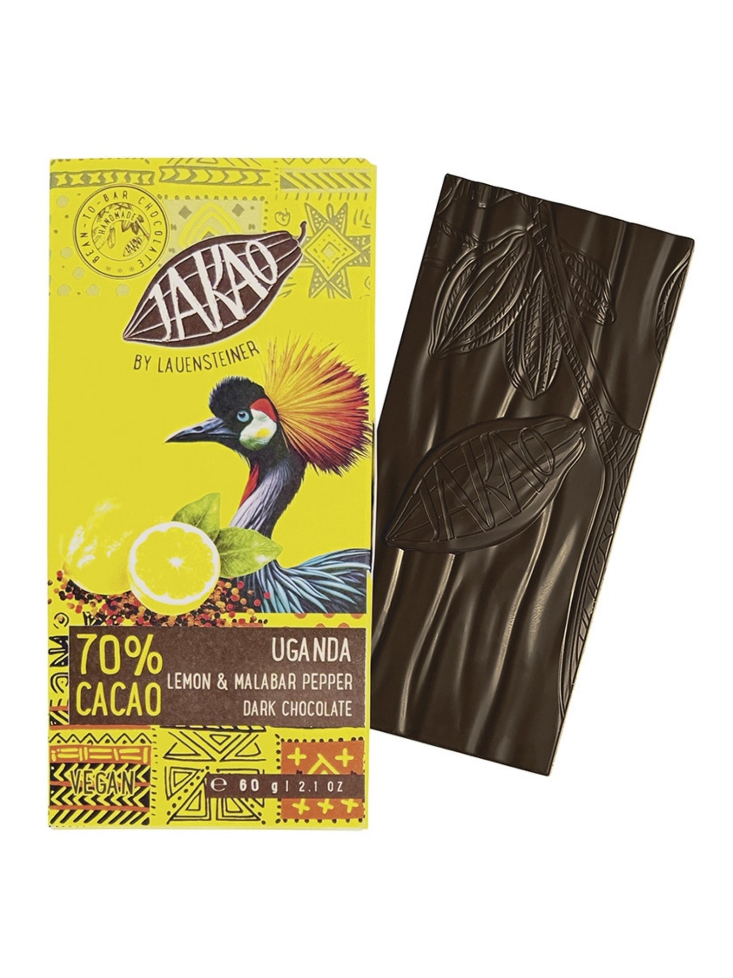 Lauenstein JAKAO Uganda 70% mit Zitrone und Malabar Pfeffer Bio 60g vegane Ursprungsschokolade, erhältlich in der Dreyer Confiserie in Hameln.