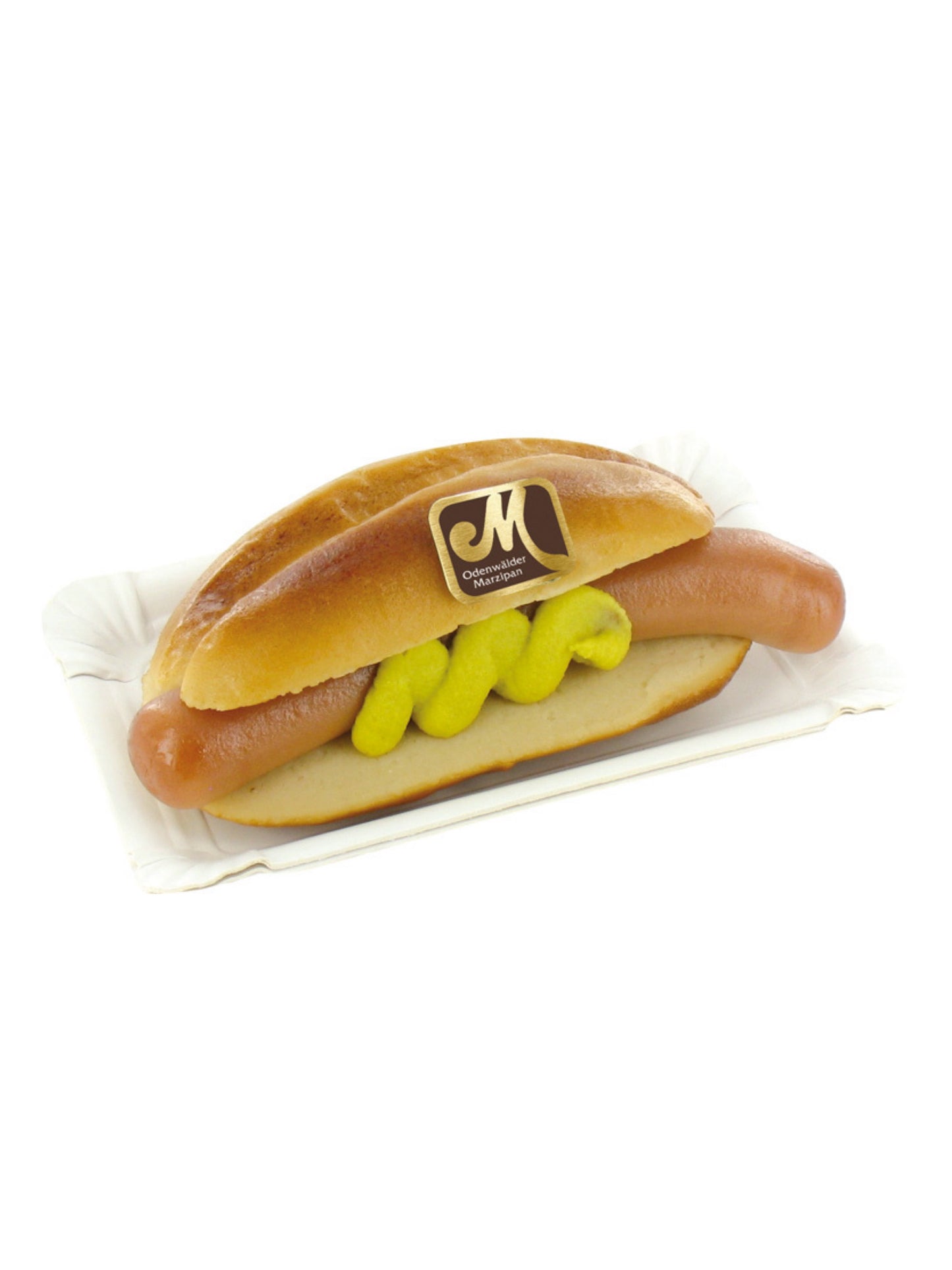 Marzipanfigur in Form eines Brötchens mit Würstchen, 225 g, handgefertigt, glutenfrei und vegetarisch. Erhältlich online in der Dreyer Confiserie, oder auch in unserem Ladenlokal in der Rattenfängerstadt Hameln.