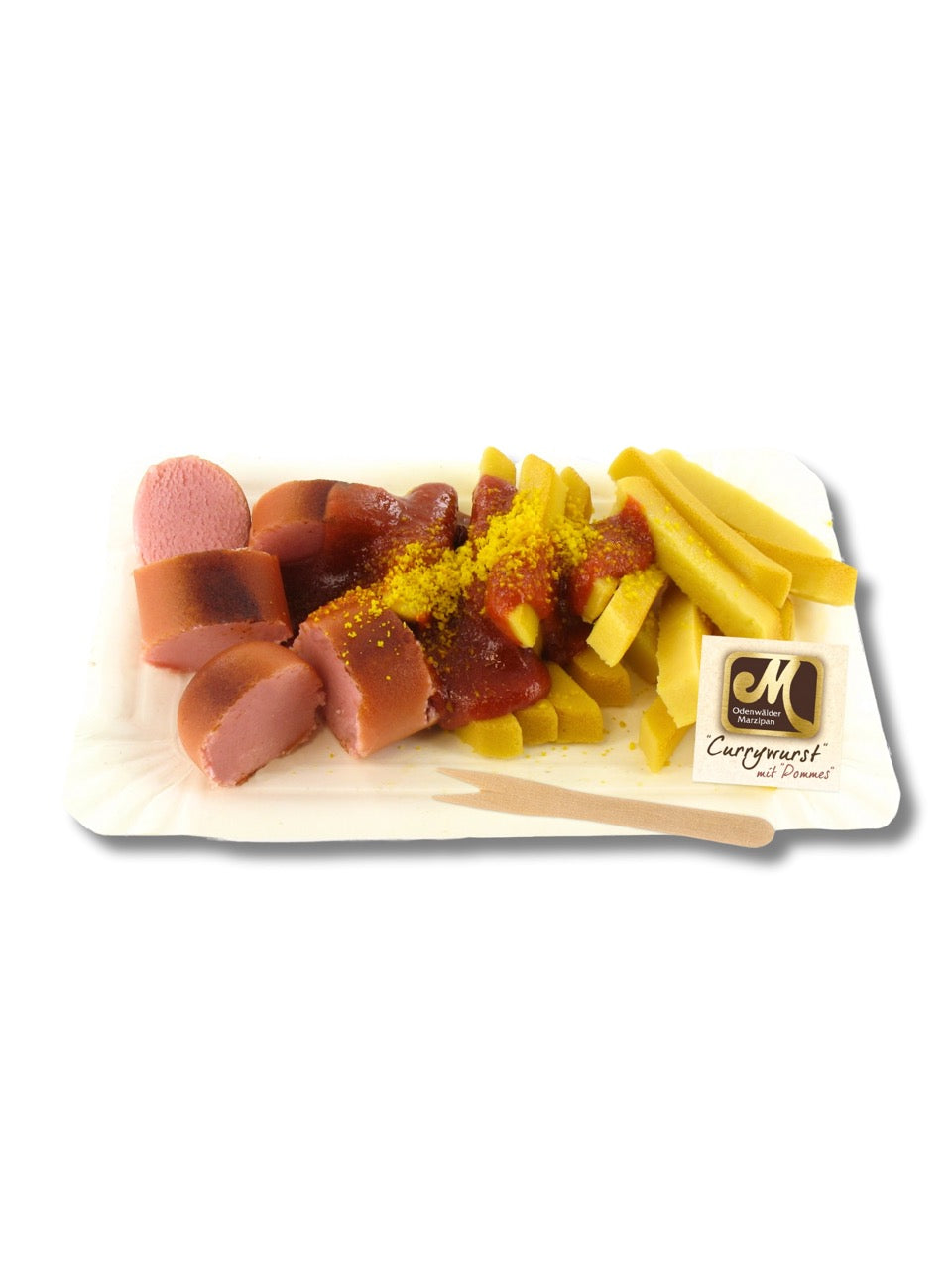 Currywurst mit Pommes aus Marzipan, handgefertigt, 150 g, mit Curry-Tomatensoße und modellierten Pommes von Odenwälder Marzipan erhältlich in der Dreyer Confiserie in Hameln.