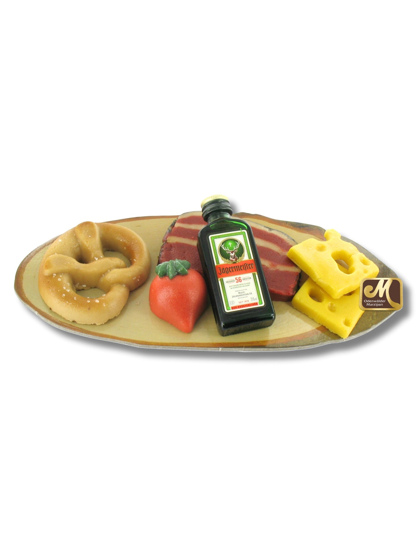 Schinkenbrett aus Marzipan mit Kräuterlikörflasche, handgefertigt, 150 g, täuschend echt modelliert auf Holzbrett. Erhältlich in der Dreyer Confiserie in der Rattenfängerstadt Hameln.
