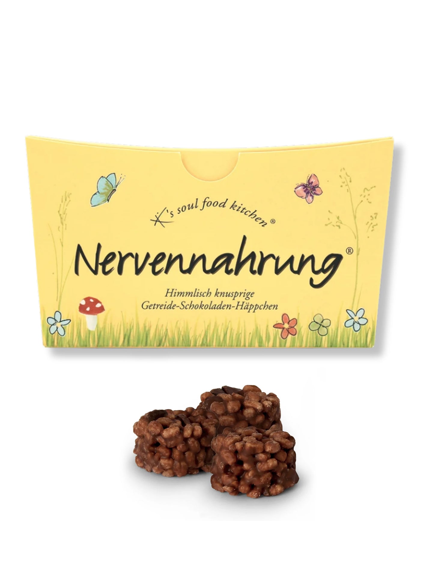 Nervennahrung Getreide-Schokoladen-Häppchen von K’s Soul Food Kitchen – knusprige Cerealien in Vollmilchschokolade mit Haselnusskrokant, 125 g, erhältlich bei der Confiserie Dreyer in Hameln.