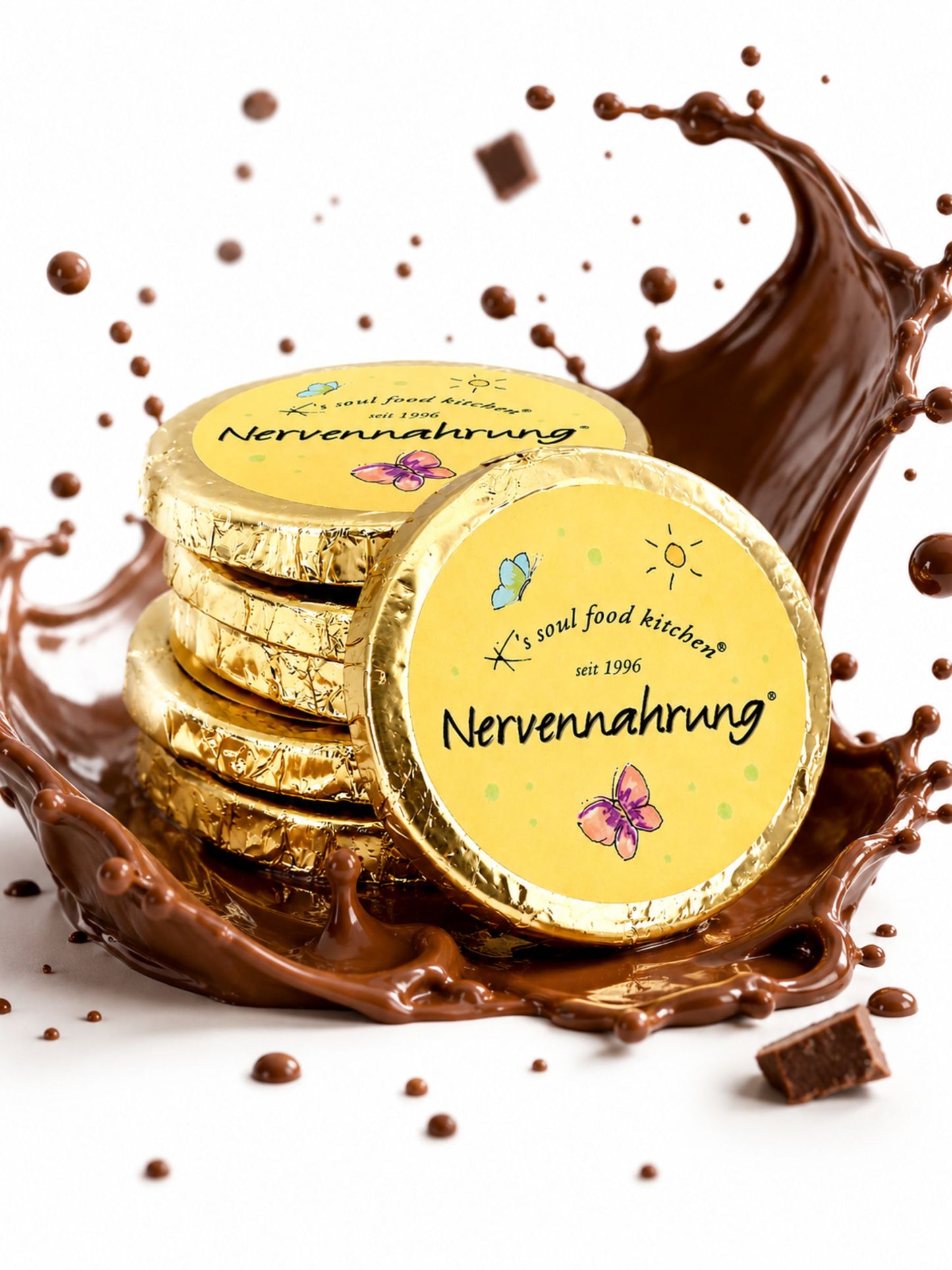 Nervennahrung Schokotaler 16g von K's Soul Food Kitchen vor Hintergrund mit Schokolade