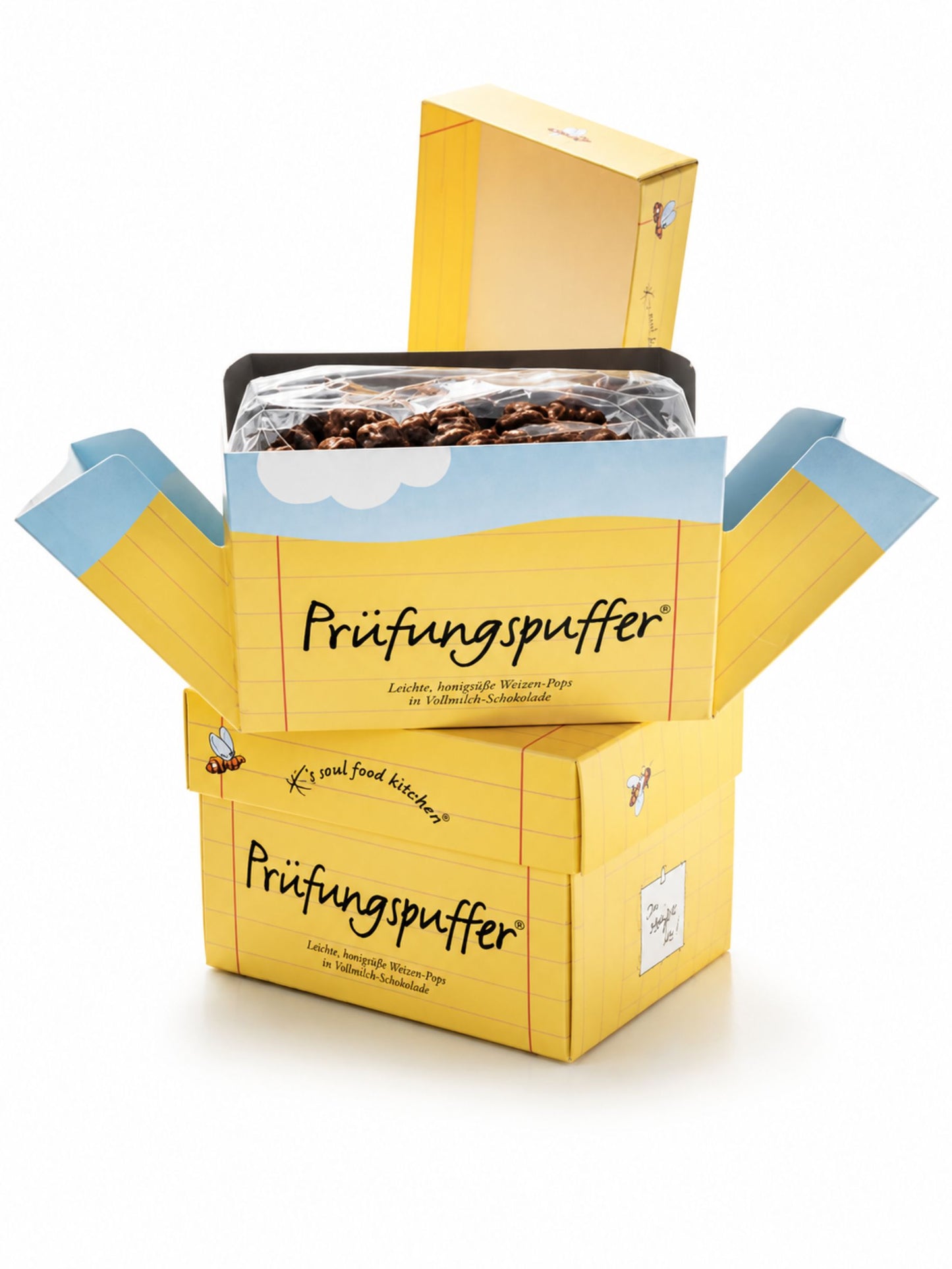 Verpackung von Prüfungspuffer Weizen-Pops in Schokolade 125g von K's Soul Food Kitchen vor weißem Studiohintergrund