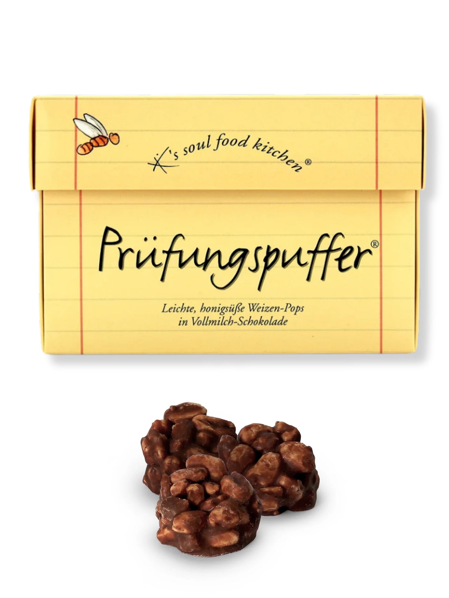 Prüfungspuffer von K’s Soul Food Kitchen – Weizen-Pops mit Honig in Vollmilchschokolade, 125 g Nervennahrung für Prüfungen, erhältlich bei der Confiserie Dreyer in Hameln.