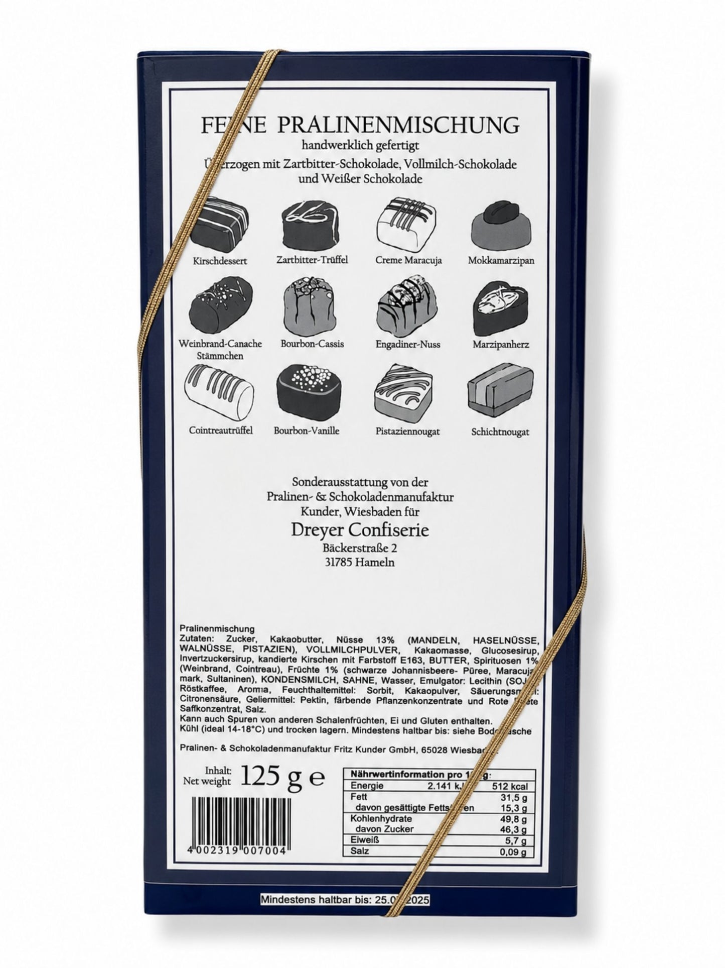 Rückseite Feine Pralinen alkoholfrei 250g von der Dreyer Confiserie