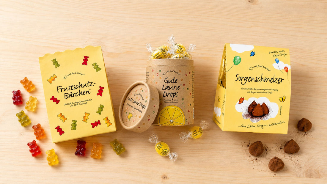 K's Soul Food Kitchen Produkte: Gute Laune Drops, Frustschutz-Bärchen und Schutzengel-Bonbons