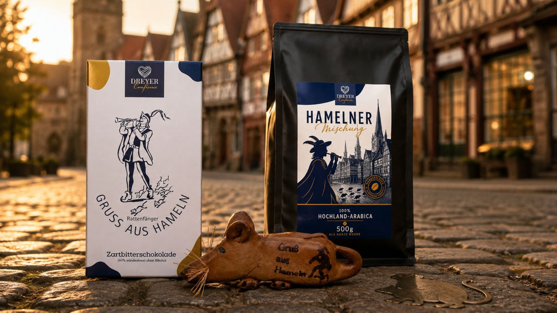 Marzipanratte, Schokolade oder auch Kaffee als Souvenir, inspiriert von der Legende des Rattenfängers von Hameln