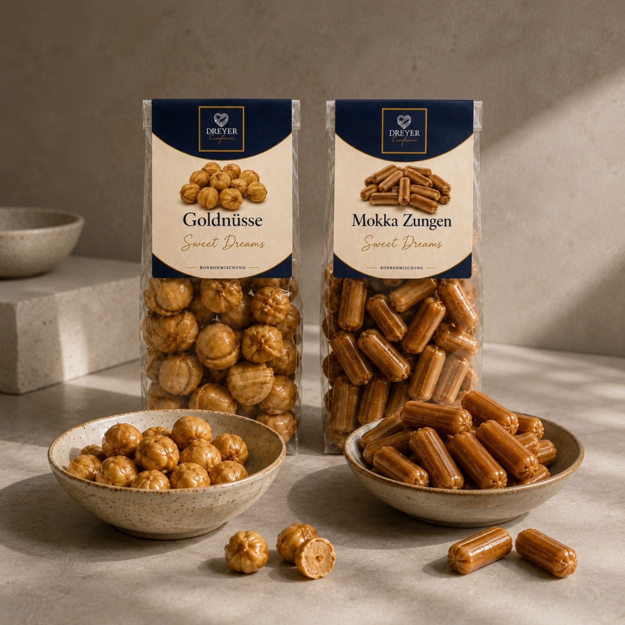 Mokka- und Nuss-Bonbons in einer kleinen Schale