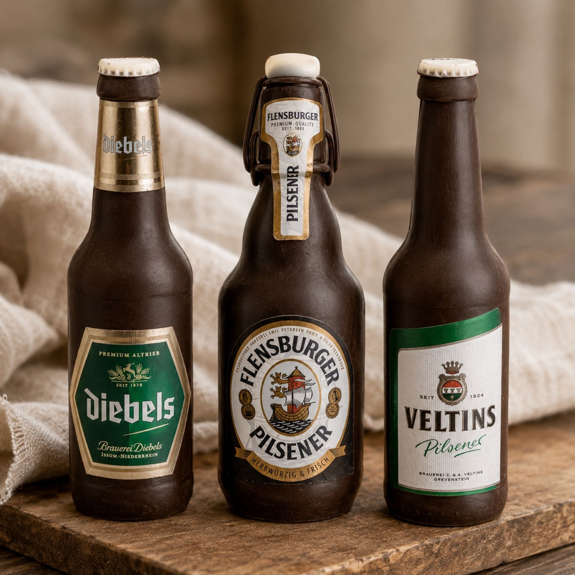 Detailgetreue Bierflaschen aus Schokolade als Schokokunst