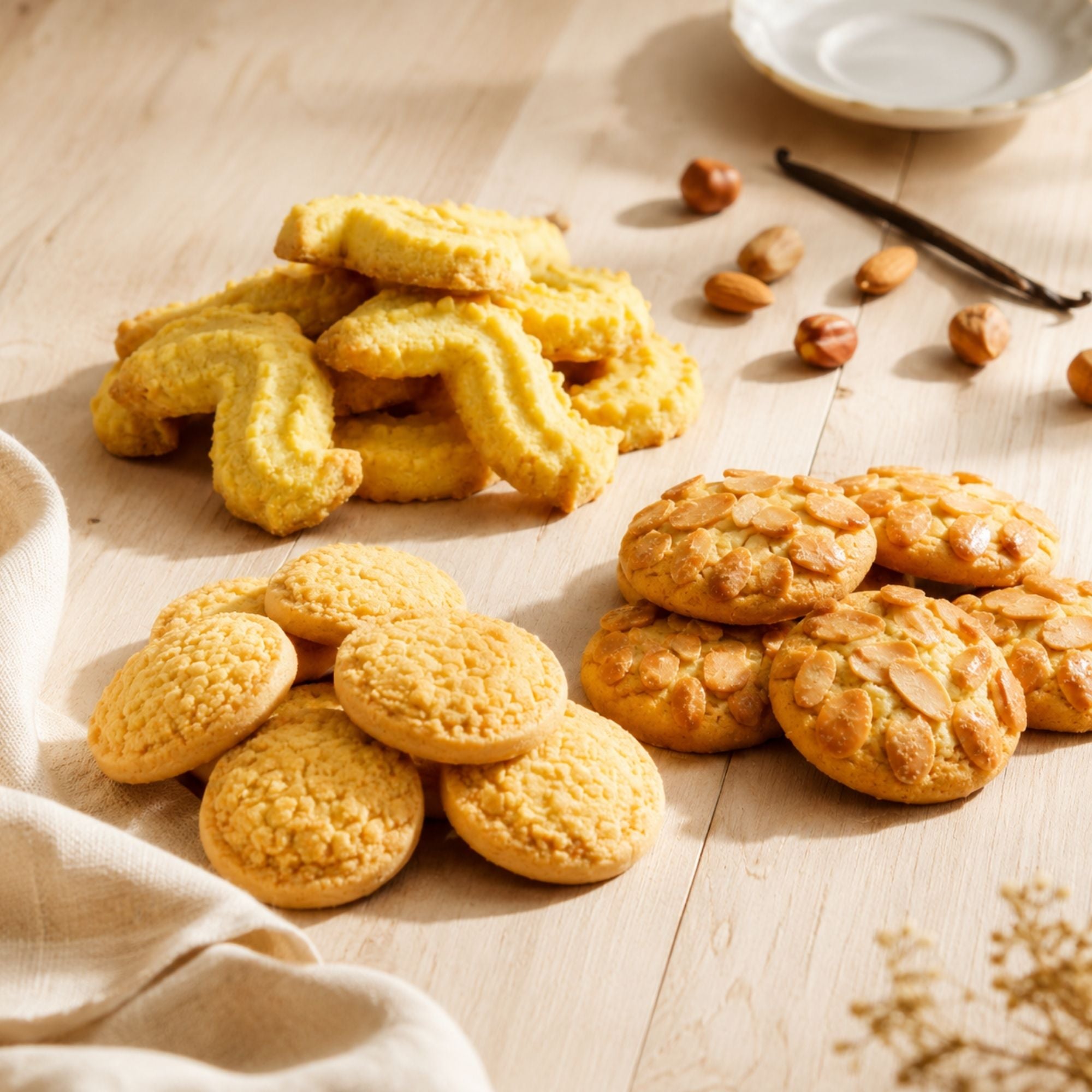 Feines Buttergebäck und Mürbegebäck auf Holztisch mit Mandeln und Vanilleschote