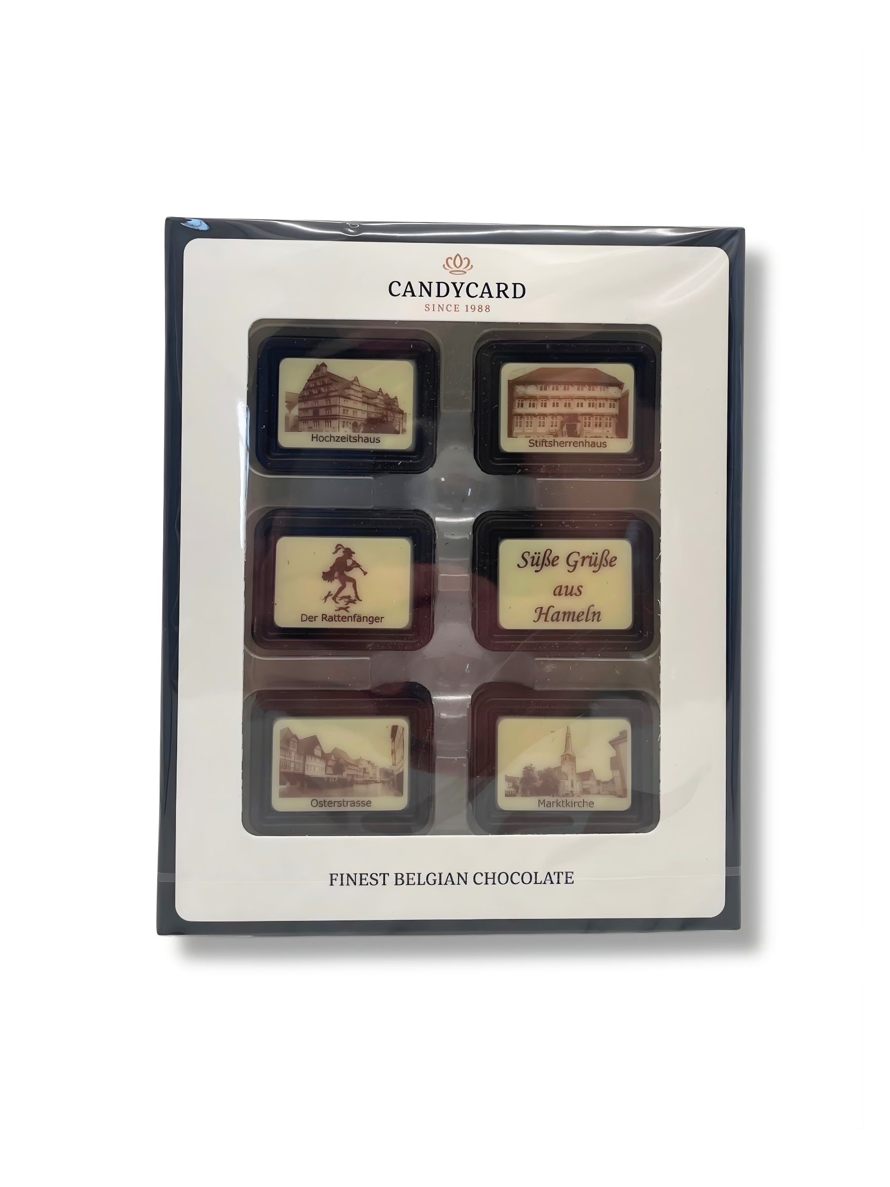 Candy Card Zartbitterschokolade mit Hameln-Motiven – Geschenkbox mit Rattenfänger-Stadtansichten.