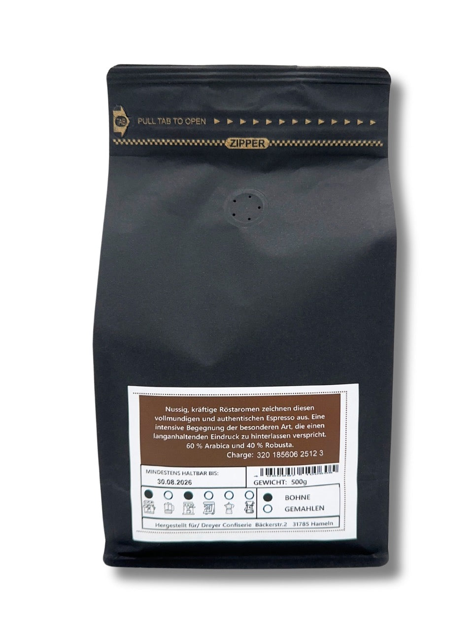 Rückseite Espressimo Espresso Bohne 500g Dreyer Confiserie