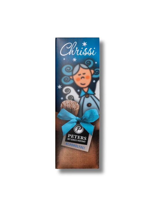 Chrissi Pralinen ohne Alkohol 62 g von Peters Pralinen – Engelchen-Verpackung mit fünf alkoholfreien Pralinensorten, ideales Weihnachtsgeschenk, erhältlich in der Dreyer Confiserie in der Rattenfängerstadt Hameln.