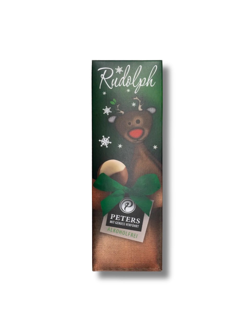 Rudolph Pralinen ohne Alkohol 62 g von Peters Pralinen – weihnachtliche Geschenkverpackung mit rotnasigem Rentier, gefüllt mit fünf alkoholfreien Pralinensorten, erhältlich in der Dreyer Confiserie in der Rattenfängerstadt Hameln.