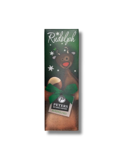 Rudolph Pralinen ohne Alkohol 62 g von Peters Pralinen – weihnachtliche Geschenkverpackung mit rotnasigem Rentier, gefüllt mit fünf alkoholfreien Pralinensorten, erhältlich in der Dreyer Confiserie in der Rattenfängerstadt Hameln.