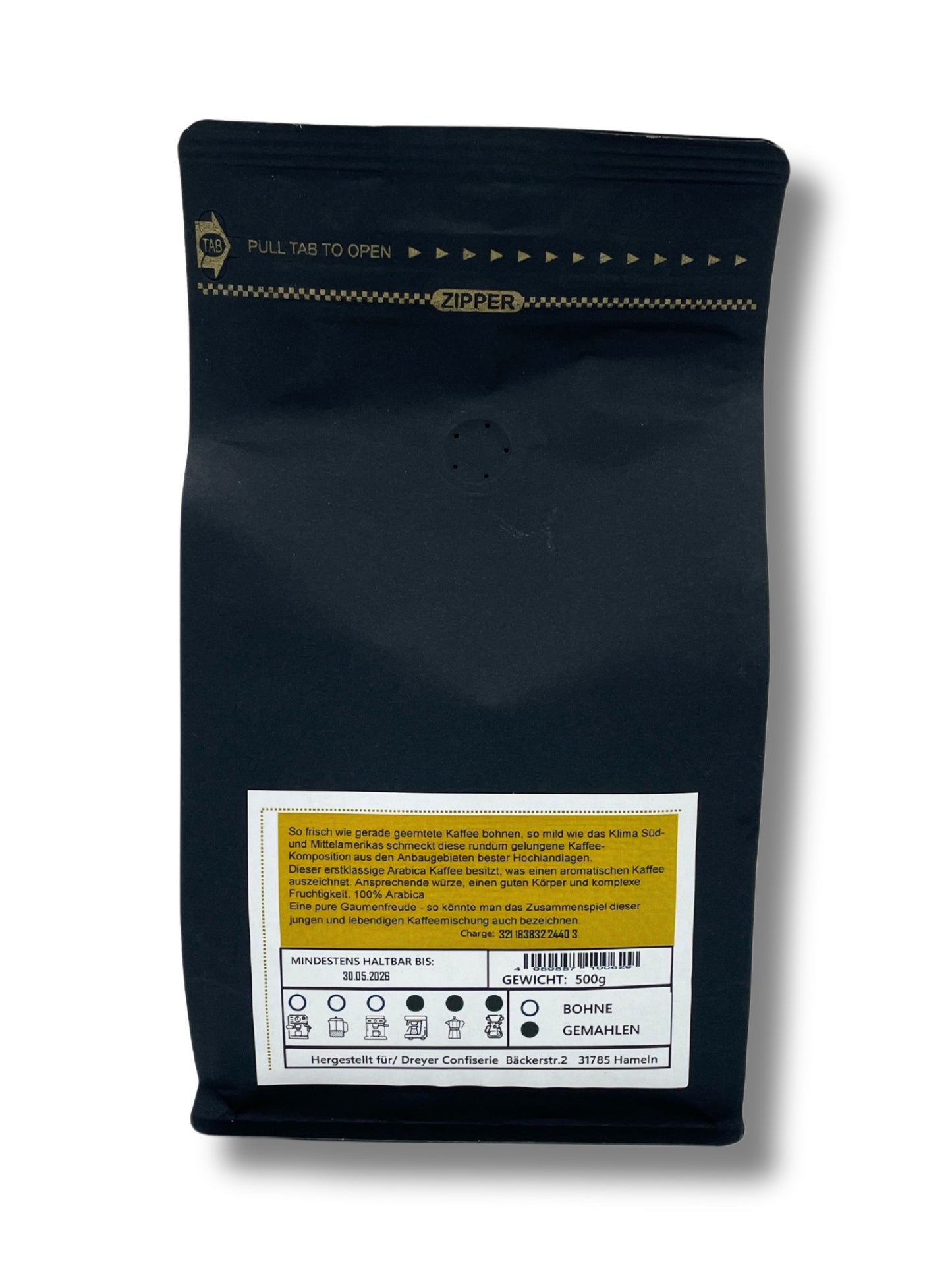 Rückseite und Inhalt von Kaffee Würzig gemahlen 500g der Dreyer Confiserie 