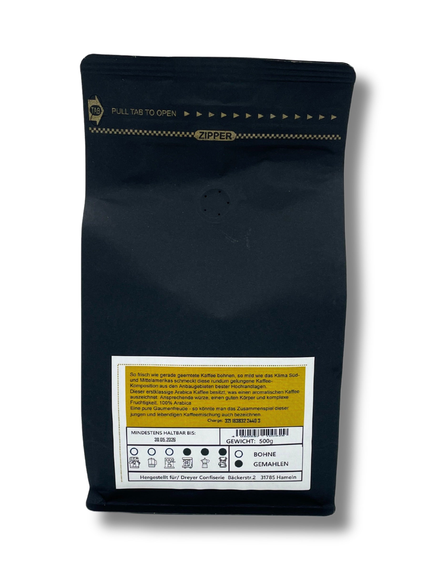 Rückseite und Inhalt von Kaffee Würzig gemahlen 500g der Dreyer Confiserie 