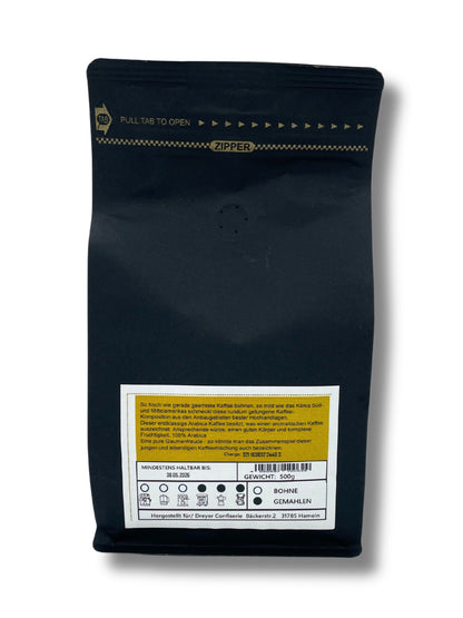 Rückseite und Inhalt von Kaffee Würzig gemahlen 500g der Dreyer Confiserie 