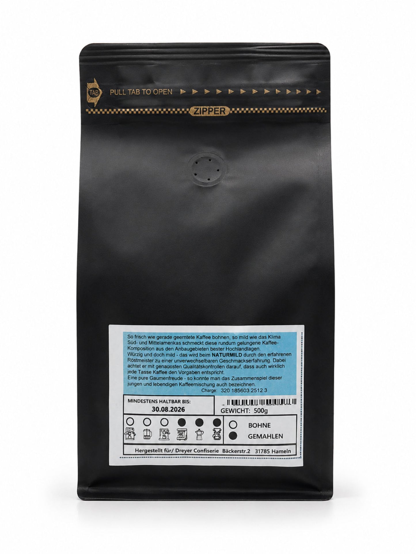 Rückseite Naturmild Kaffee gemahlen 500g von Dreyer Confiserie 