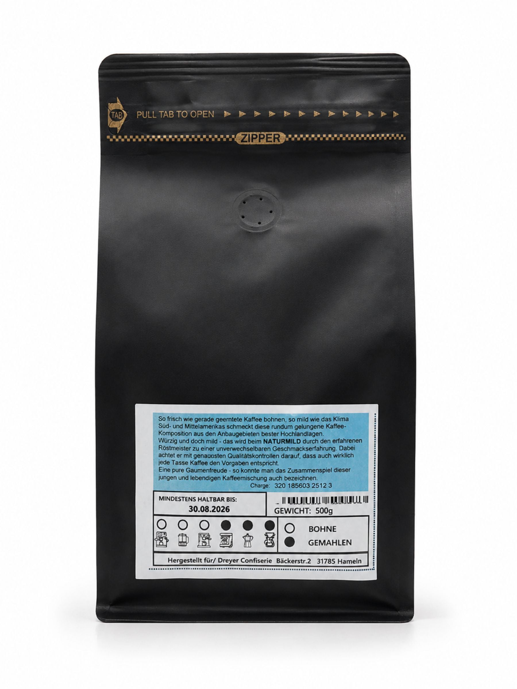 Rückseite Naturmild Kaffee gemahlen 500g von Dreyer Confiserie 