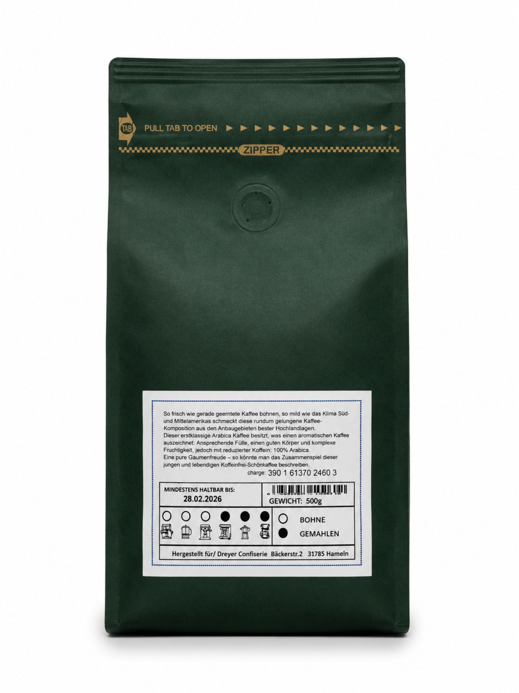 Schonkaffee entkoffeiniert gemahlen 500g von der Dreyer Confiserie Rückseite