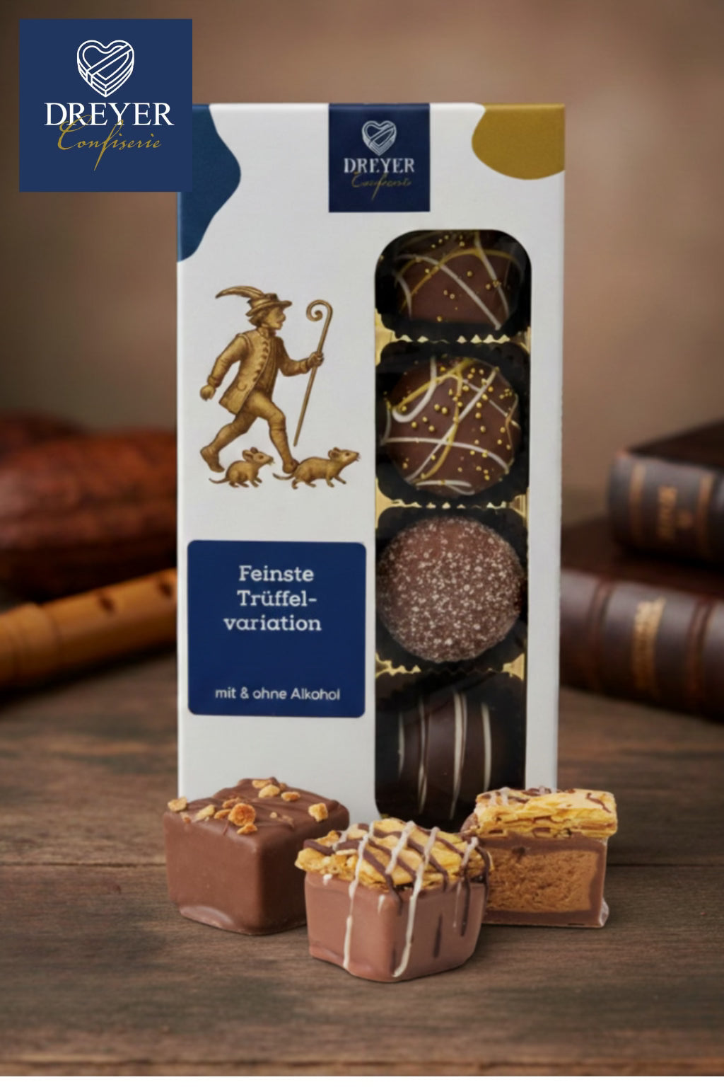 Dreyer Confiserie Trüffel und Pralinenvariationen mit Rattenfänger Motiv hergestellt von Wagner Pralinen