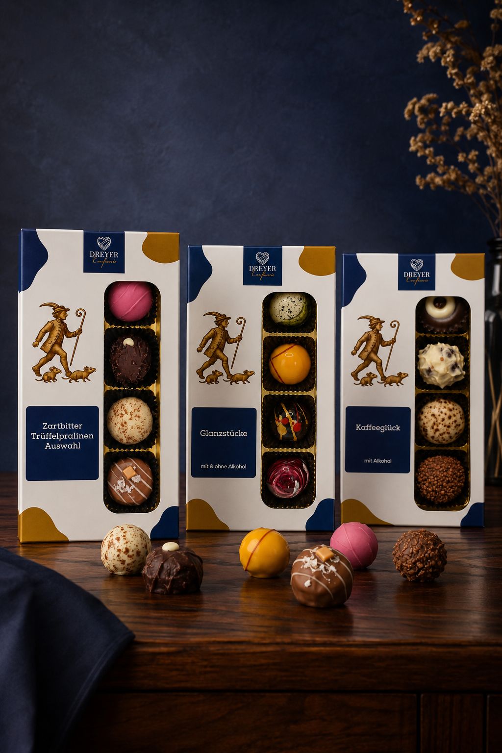 Trüffel- und Pralinenvariationen der Dreyer Confiserie mit Rattenfänger-Motiv als Geschenkbox