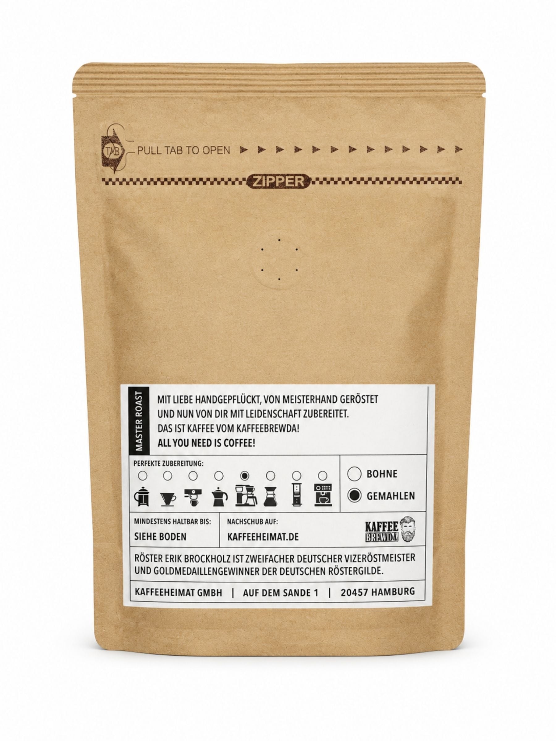 Rückseite und Inhalt Tasty Hazelnut Kaffee gemahlen 250g Kaffee Brewda