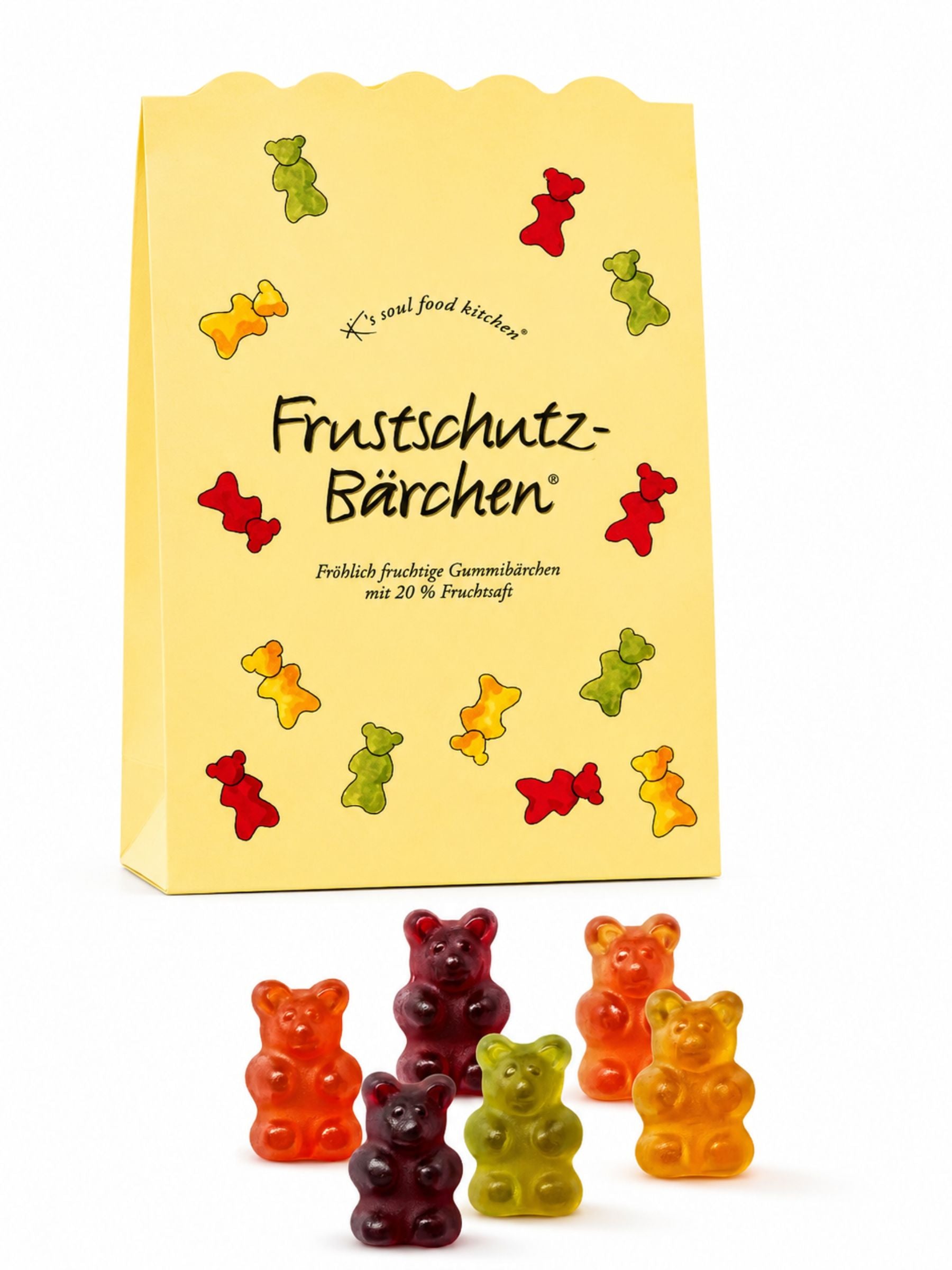 Frustschutz-Bärchen Gummibärchen 150g von K's Soul Food Kitchen vor weißem Studiohintergrund