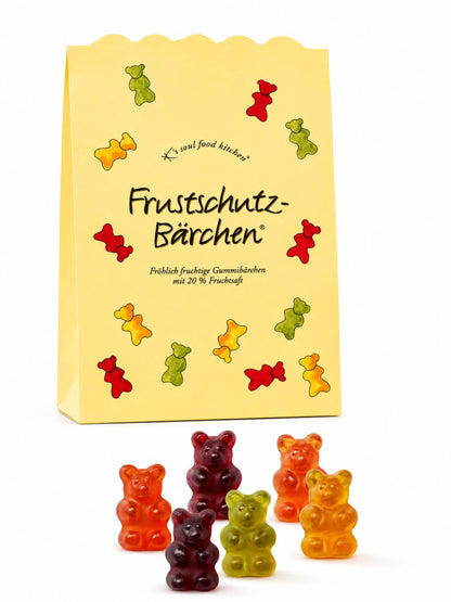 Frustschutz-Bärchen Gummibärchen 150g von K's Soul Food Kitchen vor weißem Studiohintergrund