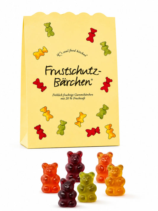 Frustschutz-Bärchen Gummibärchen 150g von K's Soul Food Kitchen vor weißem Studiohintergrund