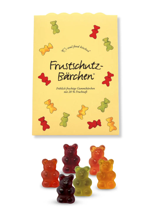 Frustschutz-Bärchen von K’s Soul Food Kitchen – fruchtige Gummibärchen mit 20 % Fruchtsaft und Vitamin C, 150 g, erhältlich bei der Confiserie Dreyer in Hameln.