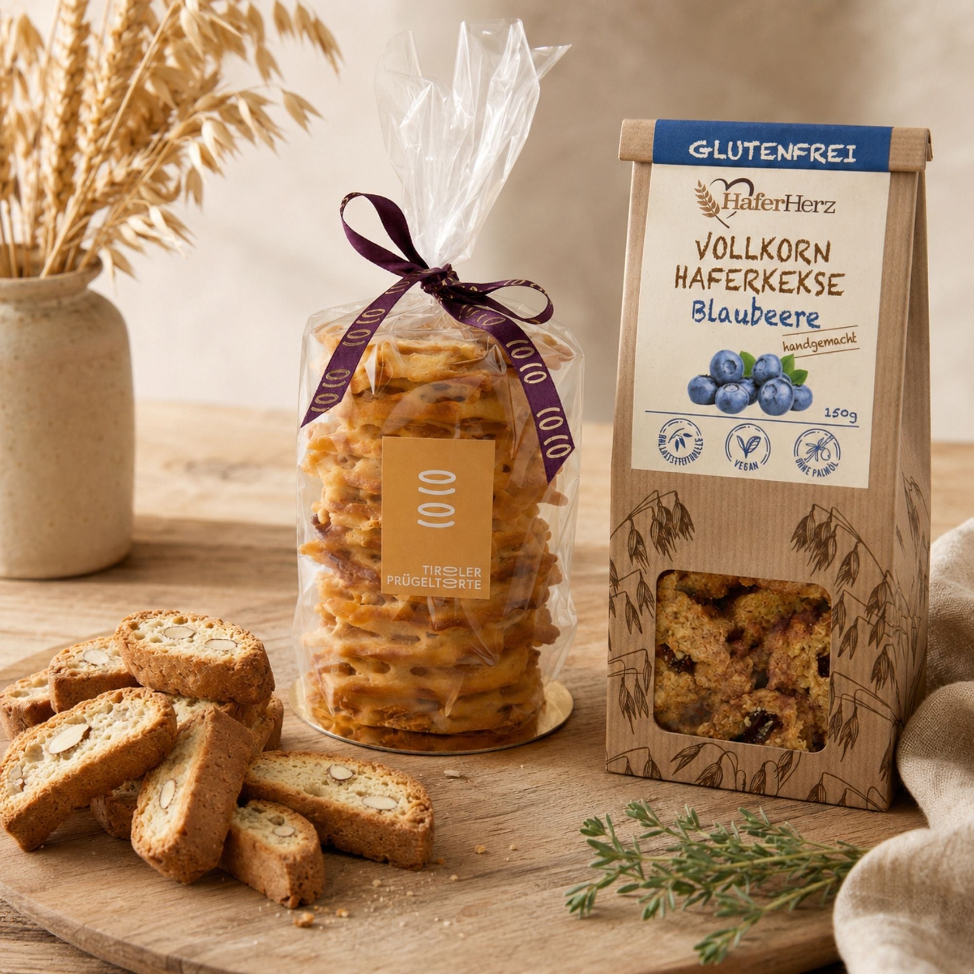 Vegane Haferkekse, Cantuccini und Tiroler Prügeltorte auf Holz Tisch
