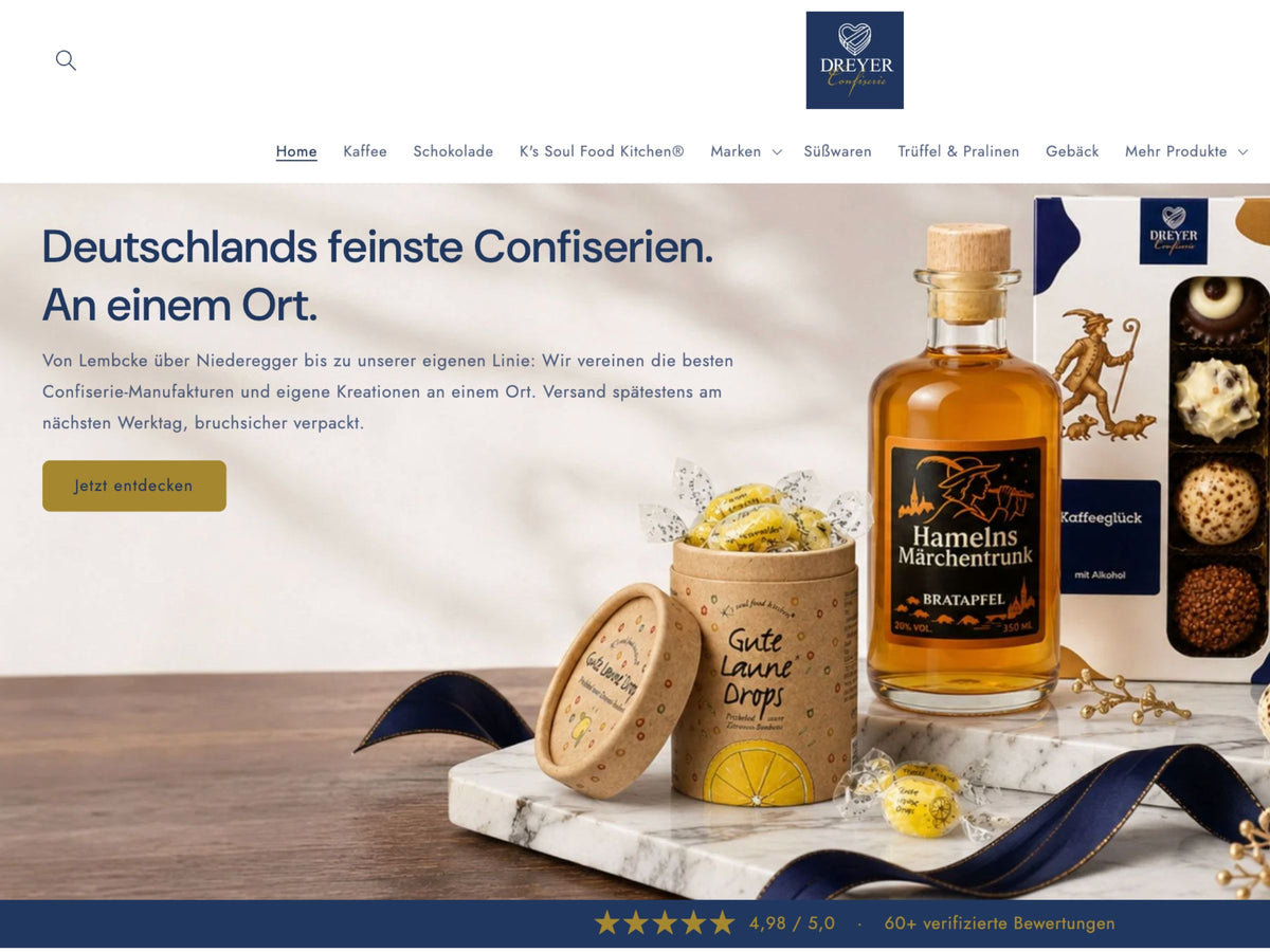 Startseite des Onlineshops der Dreyer Confiserie, seit Januar 2025 online