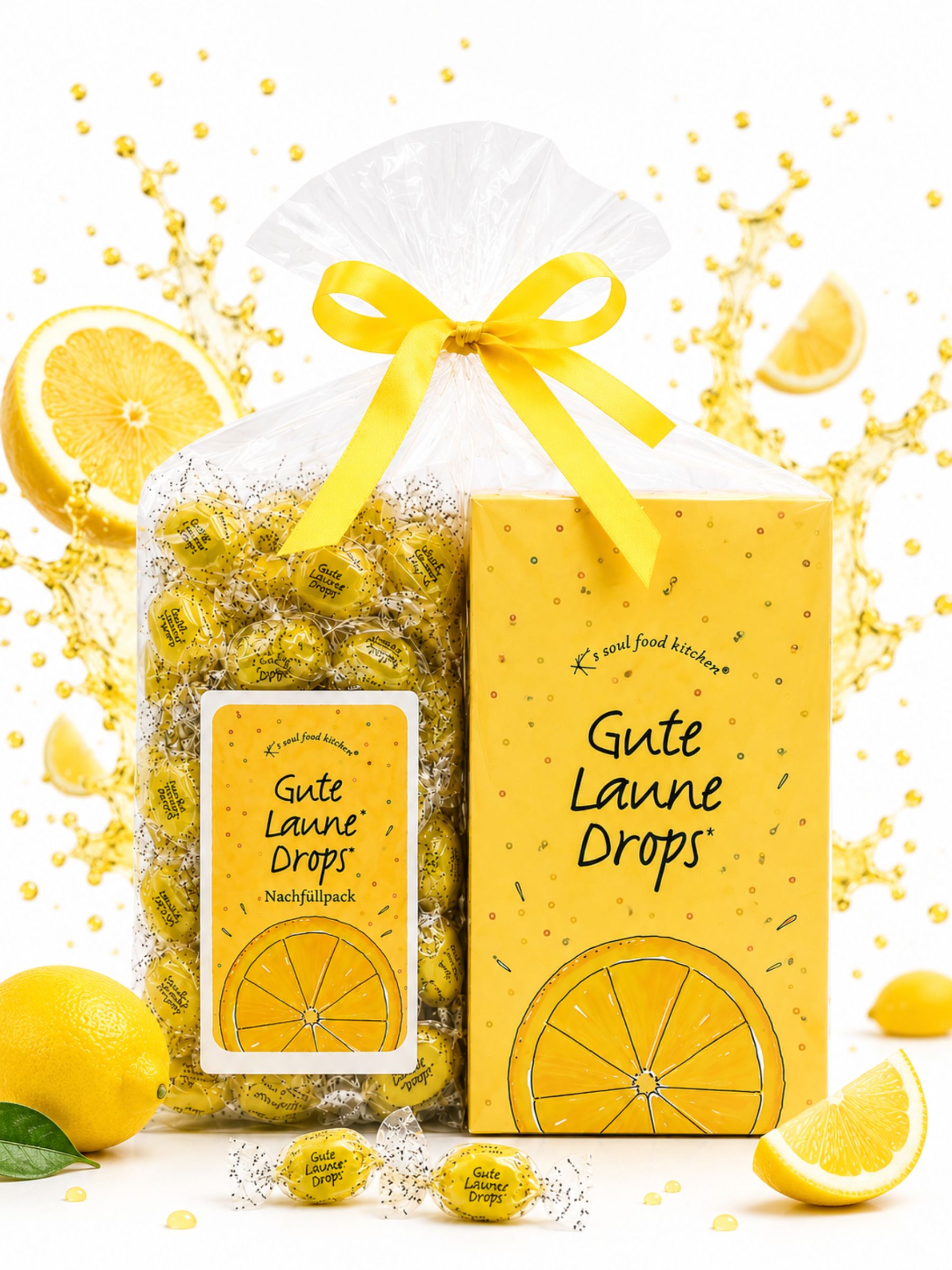 Bundle: Gute Laune Dispenser & Nachfüllpack von K's Soul Food Kitchen vor buntem Hintergrund mit Zitronen
