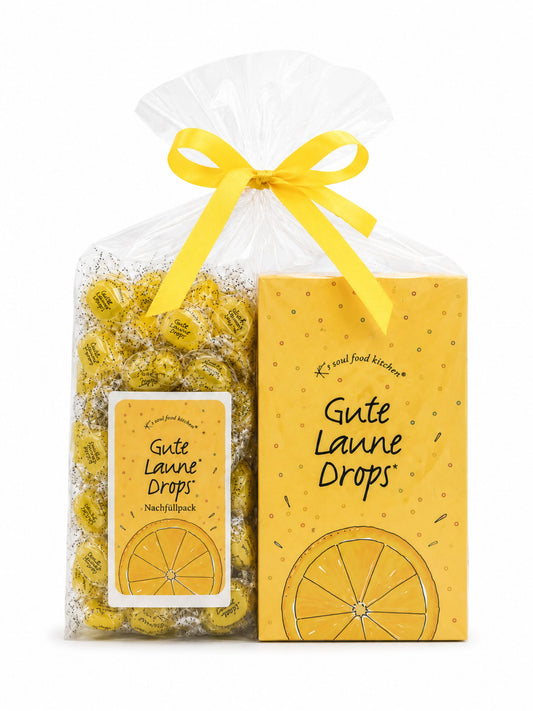 Bundle: Gute Laune Dispenser & Nachfüllpack von K's Soul Food Kitchen vor weißem Studiohintergrund
