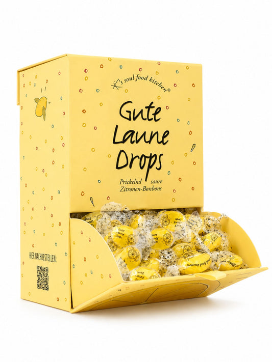 Gute Laune Drops Dispenser 1kg von K's Soul Food Kitchen vor weißem Studiohintergrund