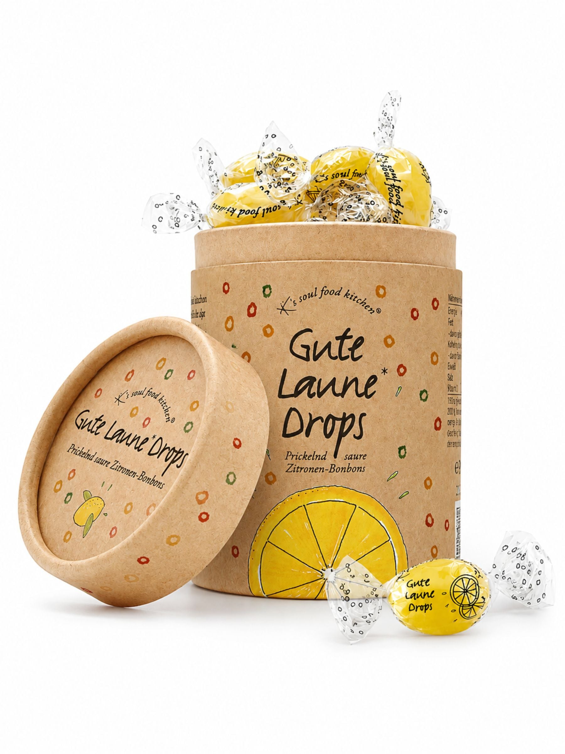 Gute Laune Drops Runddose 150g von K's Soul Food Kitchen vor weißem Studiohintergrund