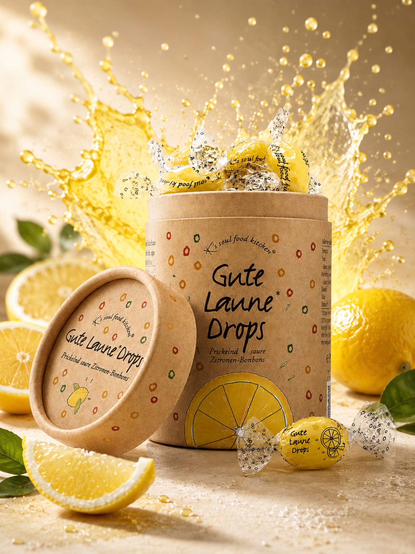 Gute Laune Drops Runddose 150g von K's Soul Food Kitchen vor buntem Hintergrund mit Zitronen