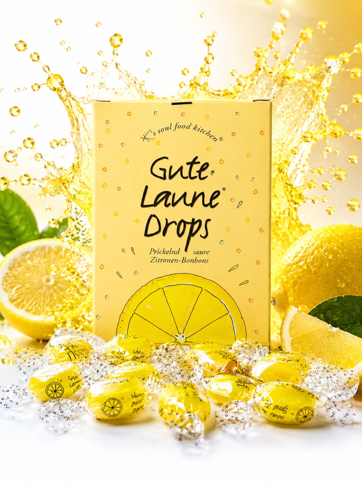 Gute Laune Drops Zitronen Bonbons 100g von K's Soul Food Kitchen vor buntem Hintergrund mit Zitronen