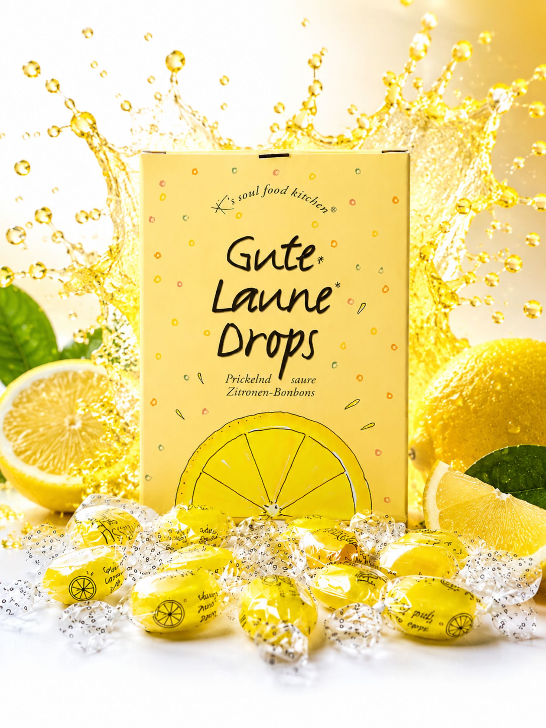 Gute Laune Drops Zitronen Bonbons 100g von K's Soul Food Kitchen vor buntem Hintergrund mit Zitronen