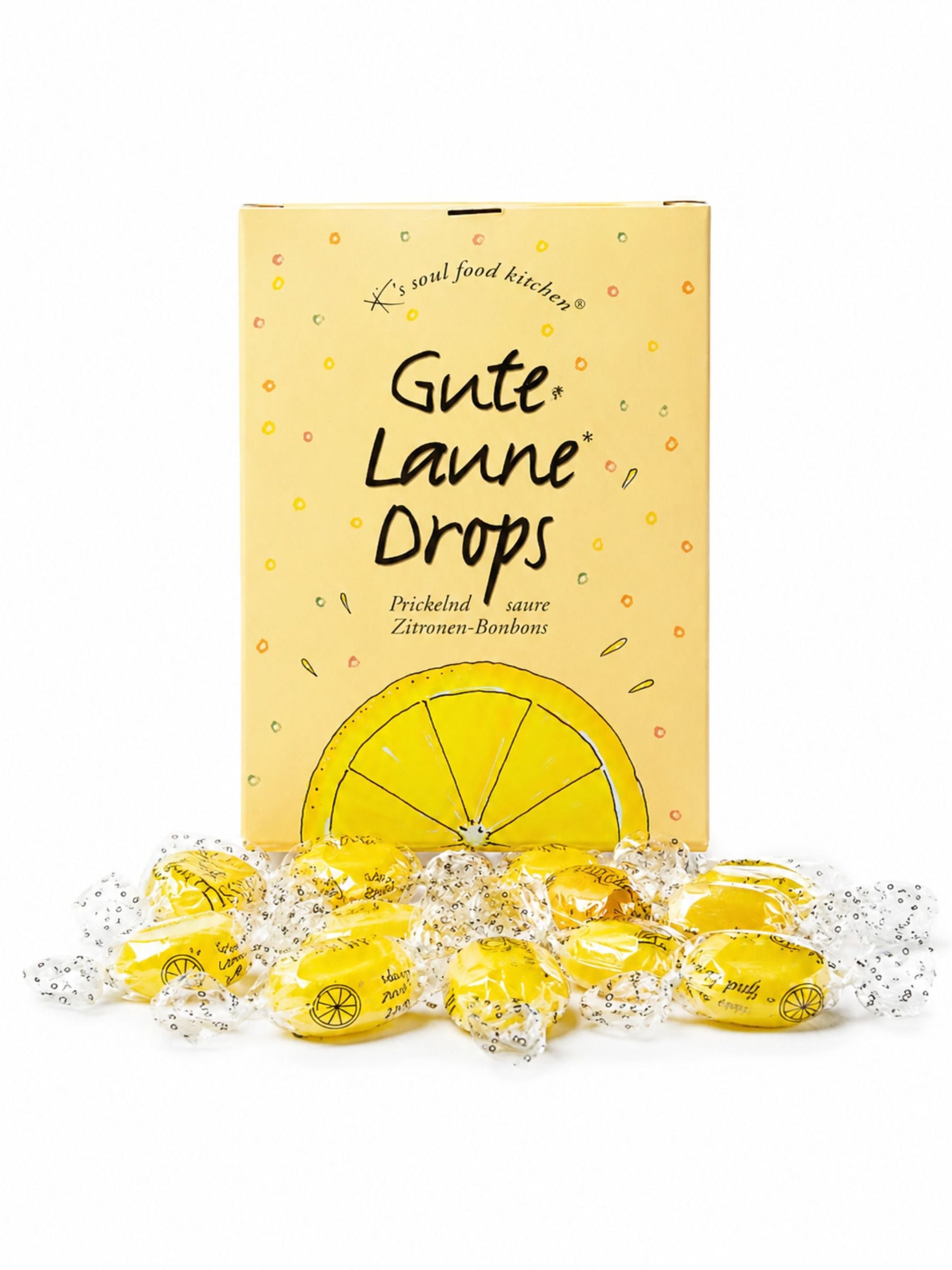 Gute Laune Drops Zitronen Bonbons 100g von K's Soul Food Kitchen vor weißem Studiohintergrund