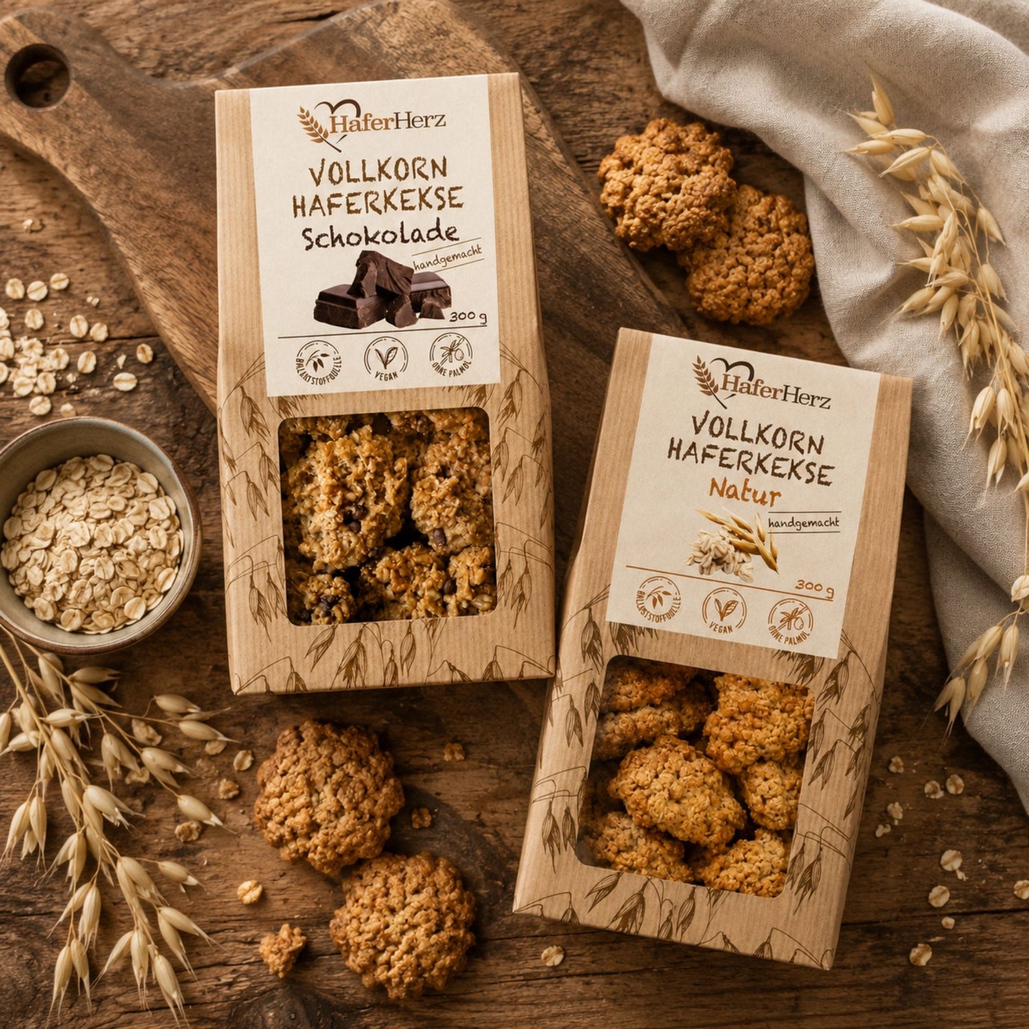 HaferHerz Vollkorn-Haferkekse mit Haferflocken, handgemacht und vegan